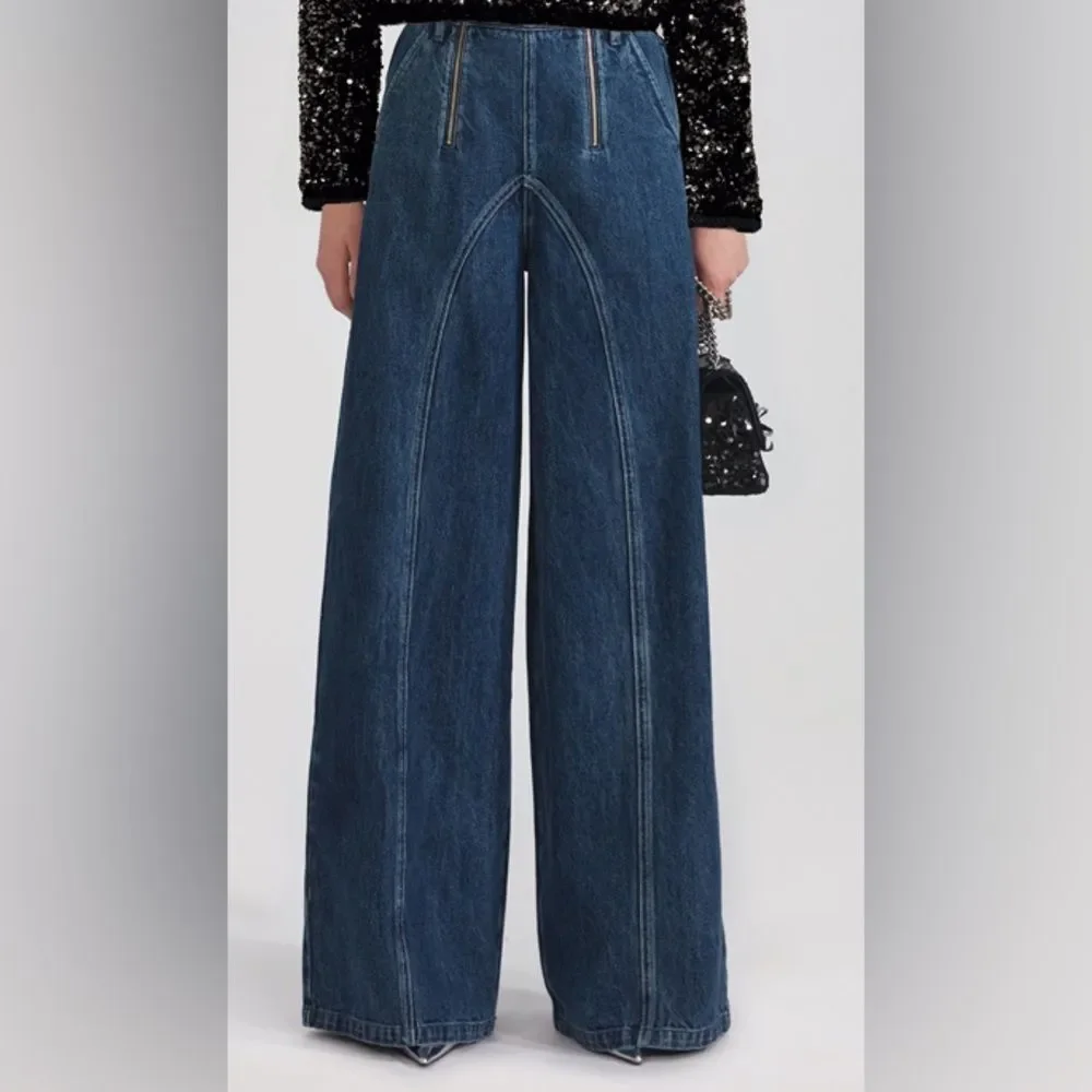Self-Portrait Wide-Leg Stitched High-Rise Denim Jeans 26 - Picture 2 of 16